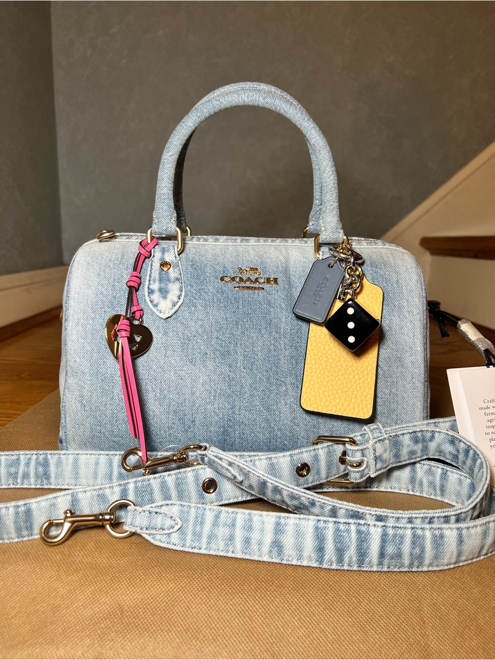 New Coach Medium Loved Denim Rowan with 4 Charms